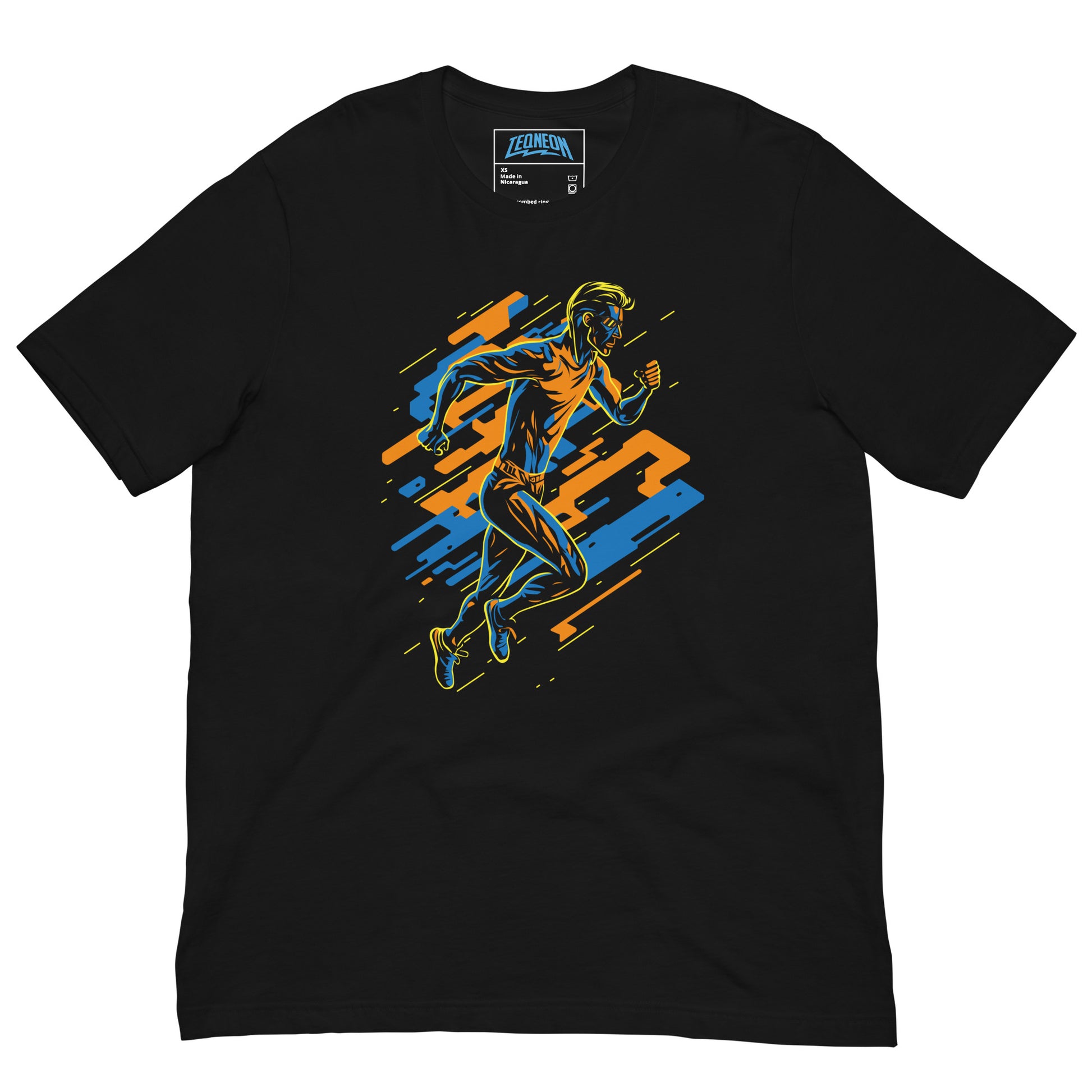 Black T-Shirt featuring a vibrant and dynamic runner design, capturing the energy of a 'Running Man'. Taken from the TEQNEON Radioactive collection