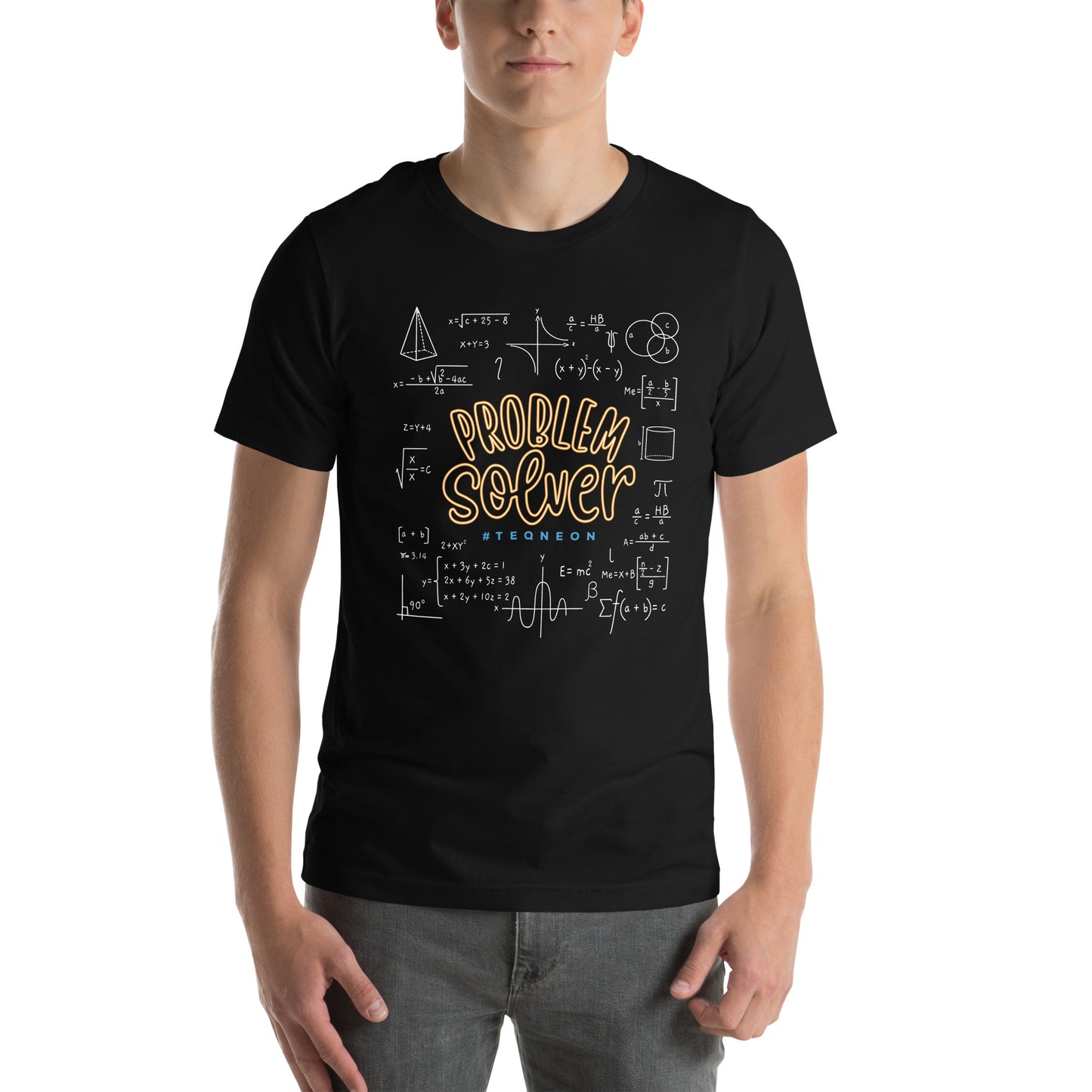 Black T-Shirt with centred 'Problem Solver' text, featuring 'hashtag TEQNEON' in muted blue, surrounded by intricate white mathematical symbols. From the TEQNEON Word Craft collection