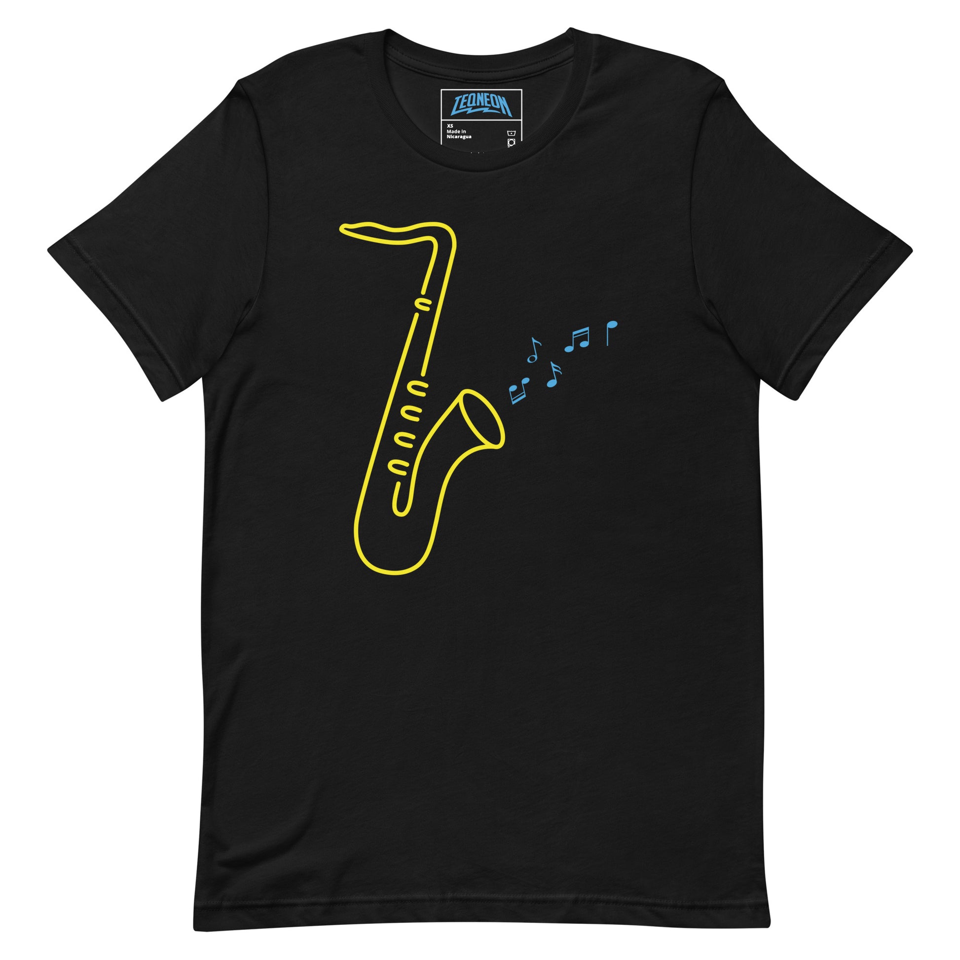Black T-Shirt with a vibrant design of a yellow saxophone and blue musical notes, from the TEQNEON Music Box collection. Titled 'GOLDEN SAXOPHONE'