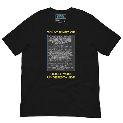 Funny Maths Joke T-Shirt featuring the phrase "What Part of (Standard-Model-Lagrangian Complex Maths) Do You Not Understand?" from the Teqneon HA HA LAND collection. Perfect for math enthusiasts and those who enjoy geeky humour. 