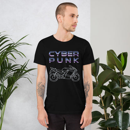 Black T-Shirt featuring a chrome motorbike design and bold 'CYBER PUNK' title text above, from the TEQNEON Neolific and Word Craft collections