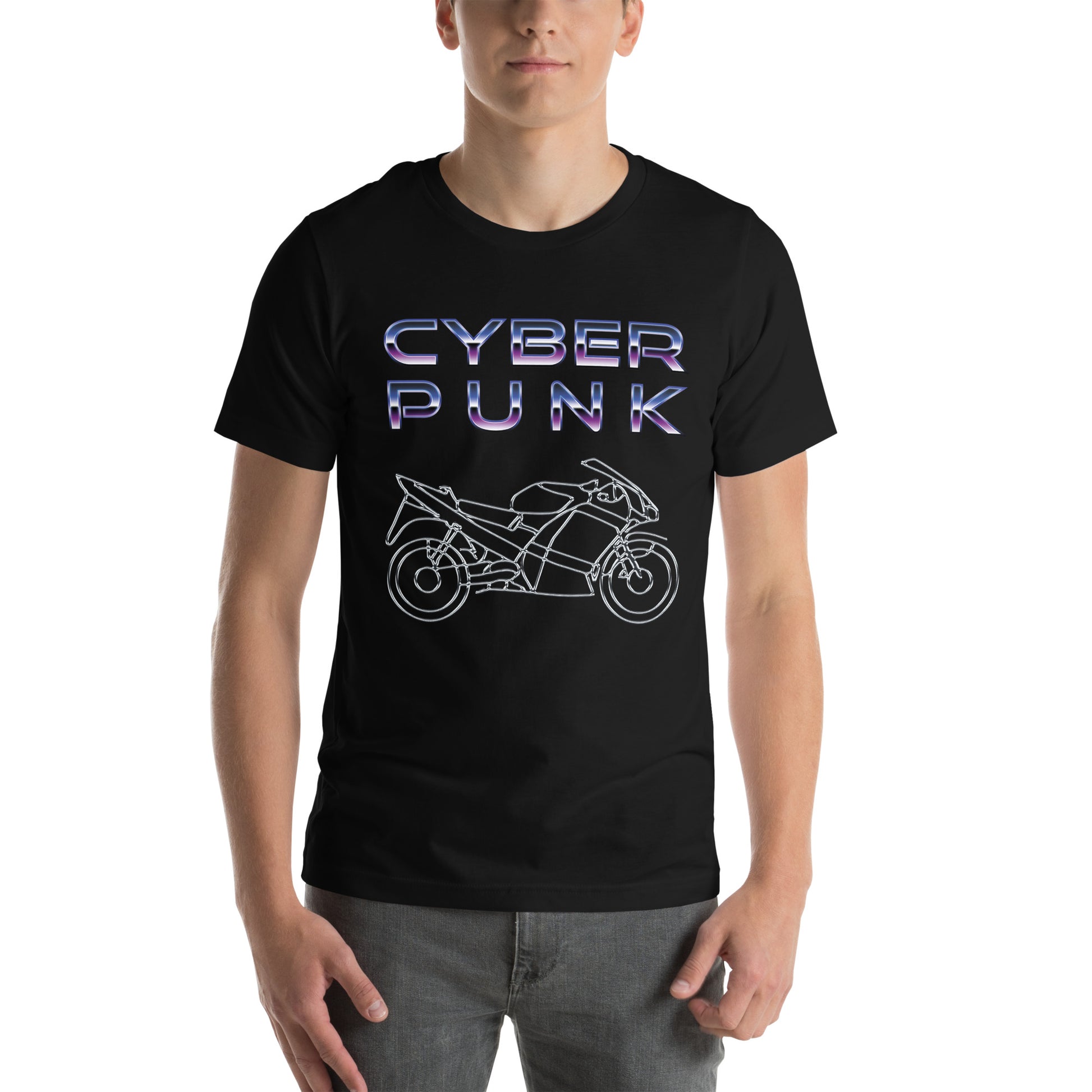 Black T-Shirt featuring a chrome motorbike design and bold 'CYBER PUNK' title text above, from the TEQNEON Neolific and Word Craft collections