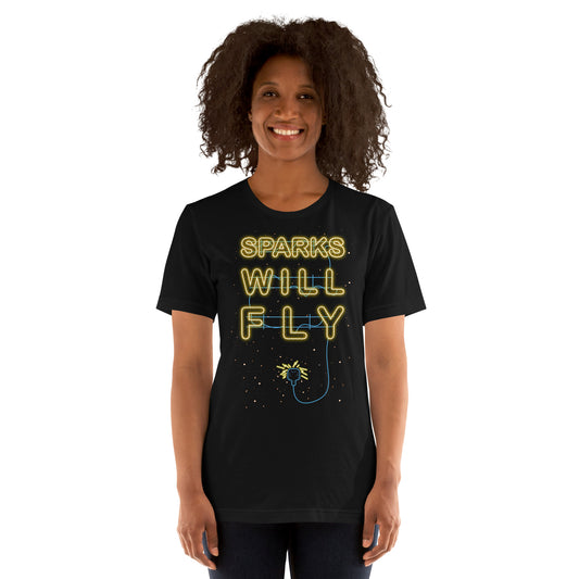 Black T-Shirt with electric neon sign displaying “Sparks Will Fly" text plugged into a sparkling socket. Taken from the TEQNEON Word Craft collection.