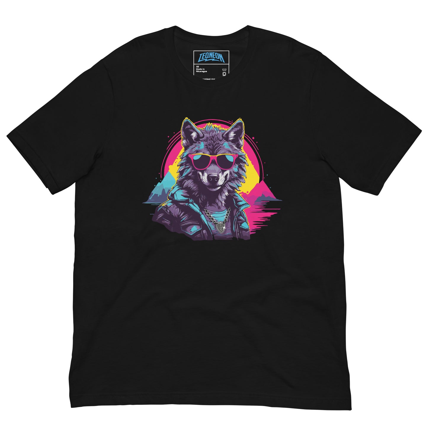 Black T-shirt featuring a funny, pimp-styled wolf wearing sunglasses and a shiny silver chain from the HA HA LAND collection. The HOWLIN' HIPSTER design showcases a hipster wolf with cool accessories, perfect for a unique and humorous fashion statement.