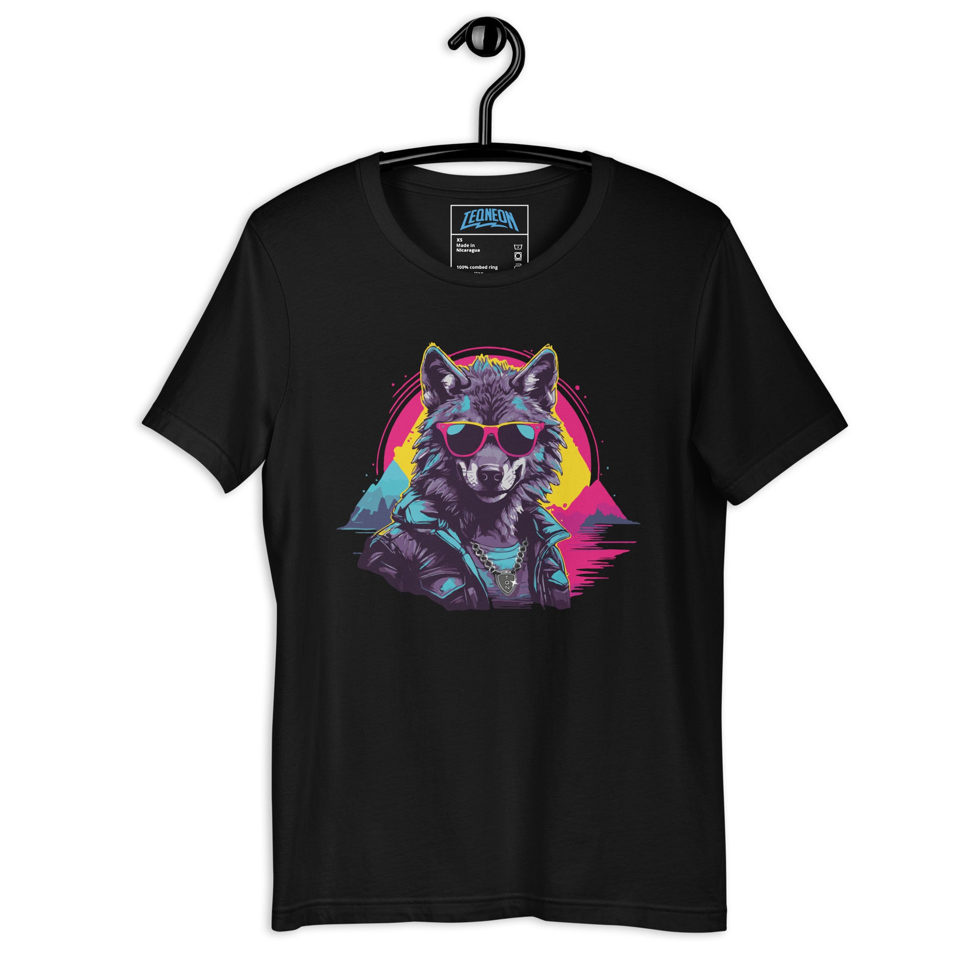 Black T-shirt featuring a funny, pimp-styled wolf wearing sunglasses and a shiny silver chain from the HA HA LAND collection. The HOWLIN' HIPSTER design showcases a hipster wolf with cool accessories, perfect for a unique and humorous fashion statement.