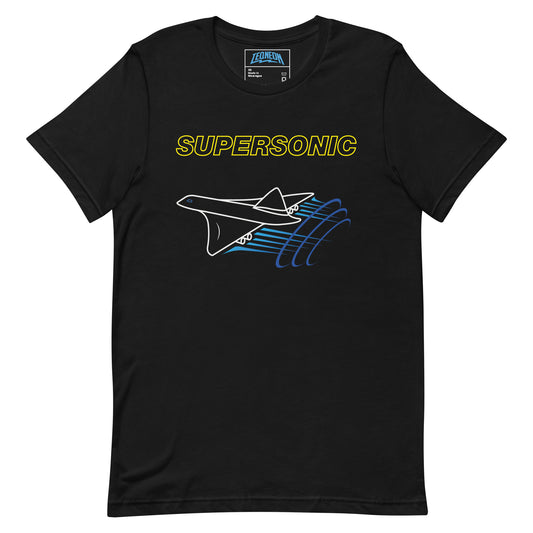 Black T-Shirt with sonic aeroplane in full flight and bold text above stating "SUPERSONIC". Taken from the TEQNEON Spacecraft and Word Craft collections