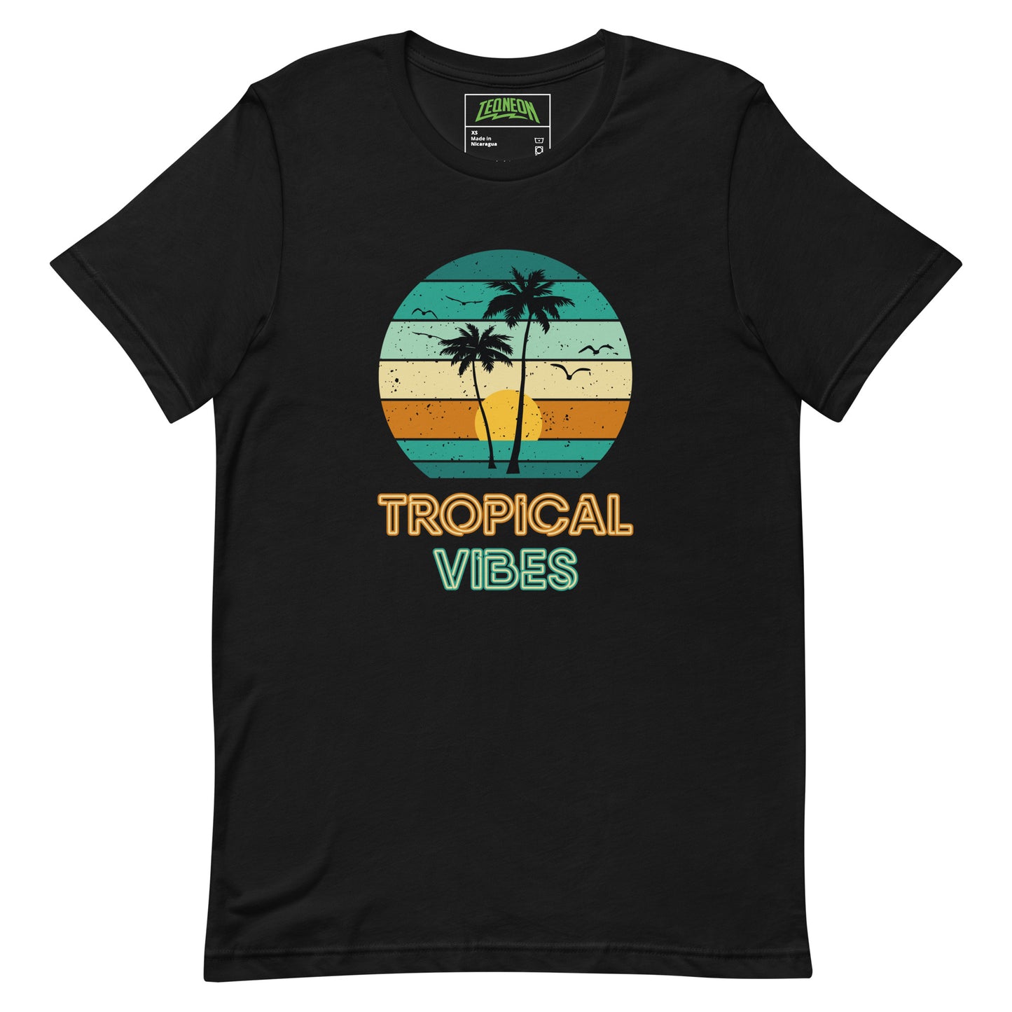 Black T-Shirt with multi coloured tropical beach design and neon font stating 'Tropical Vibes'. Taken from the TEQNEON Word Craft collection