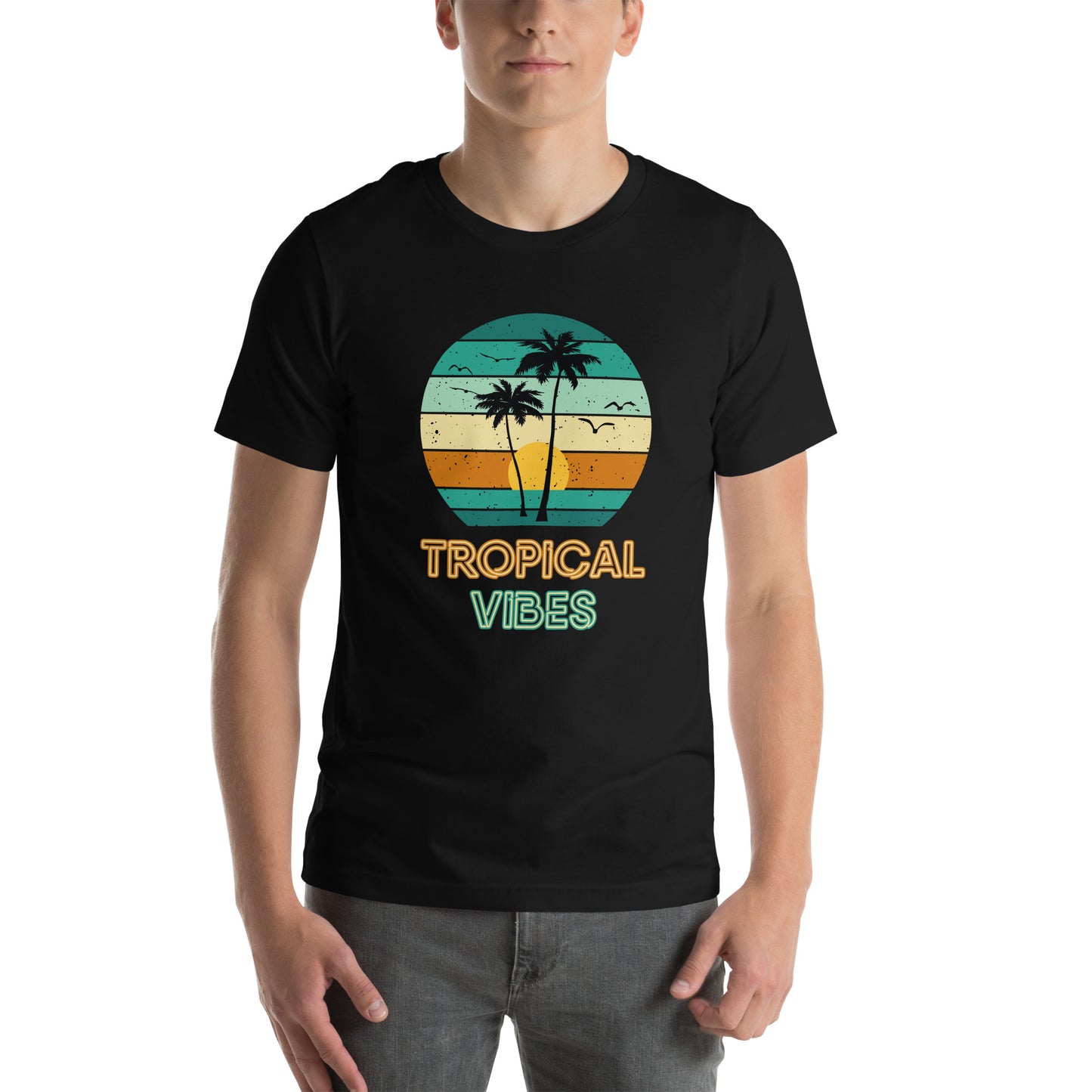 Black T-Shirt with multi coloured tropical beach design and neon font stating 'Tropical Vibes'. Taken from the TEQNEON Word Craft collection