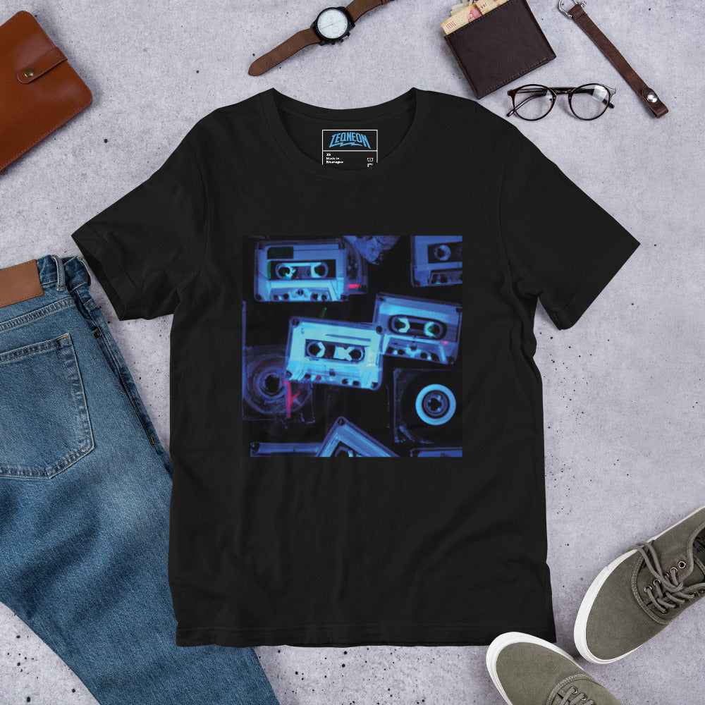  Retro Black T-Shirt featuring a unique x-ray style multi-cassette design, part of the exclusive TEQNEON Retro Classics collection.