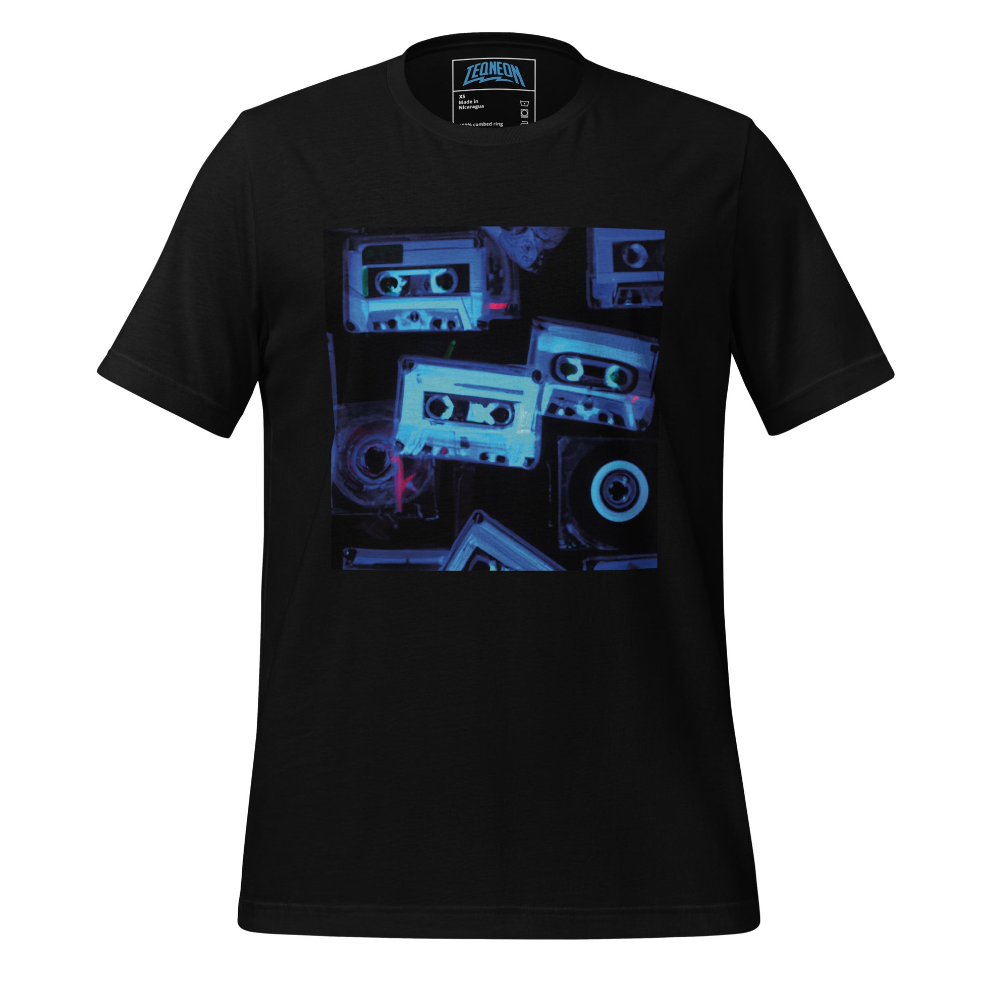  Retro Black T-Shirt featuring a unique x-ray style multi-cassette design, part of the exclusive TEQNEON Retro Classics collection.