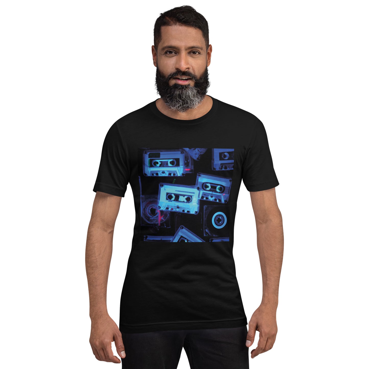  Retro Black T-Shirt featuring a unique x-ray style multi-cassette design, part of the exclusive TEQNEON Retro Classics collection.