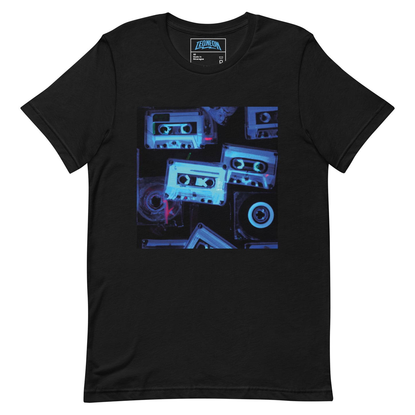  Retro Black T-Shirt featuring a unique x-ray style multi-cassette design, part of the exclusive TEQNEON Retro Classics collection.