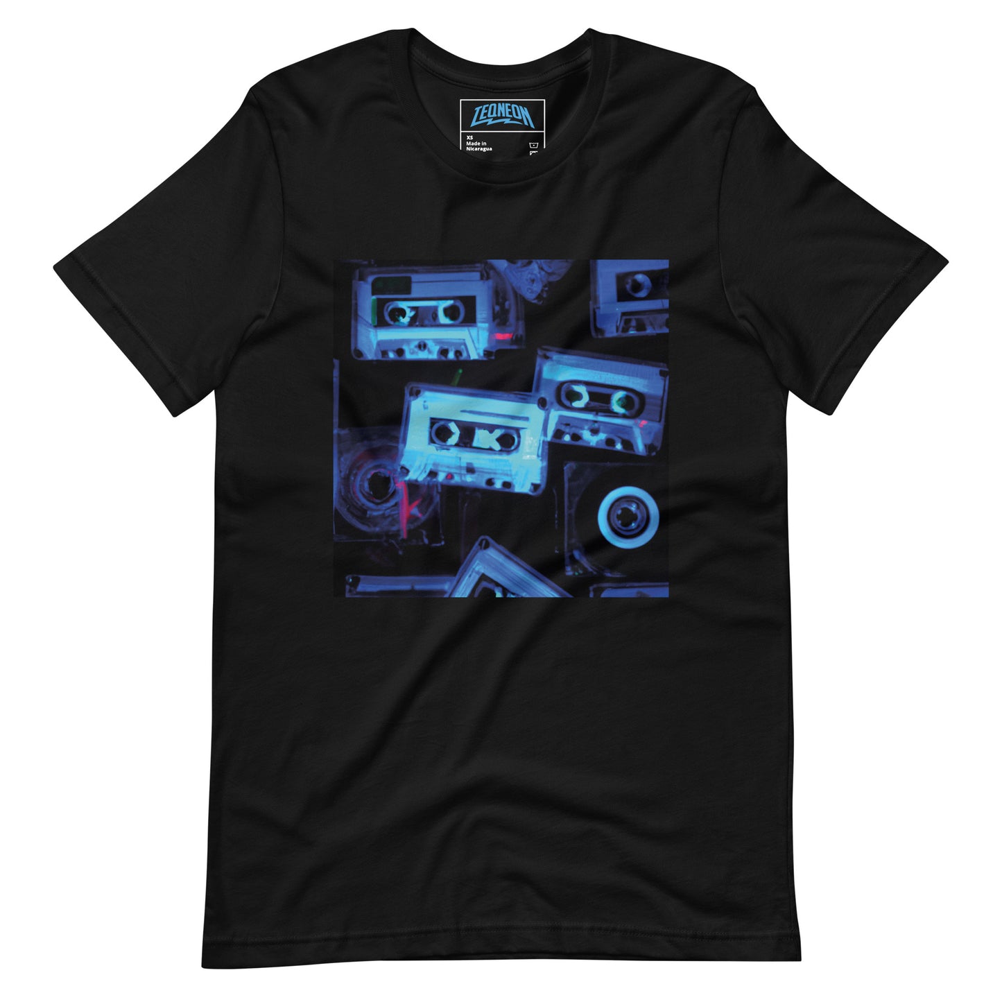  Retro Black T-Shirt featuring a unique x-ray style multi-cassette design, part of the exclusive TEQNEON Retro Classics collection.