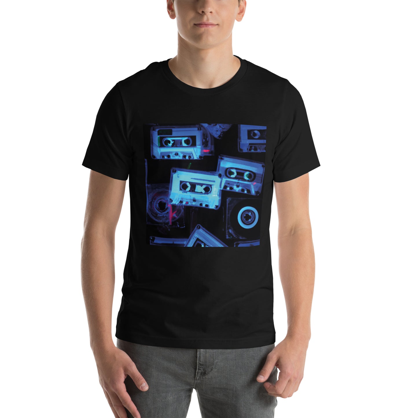  Retro Black T-Shirt featuring a unique x-ray style multi-cassette design, part of the exclusive TEQNEON Retro Classics collection.