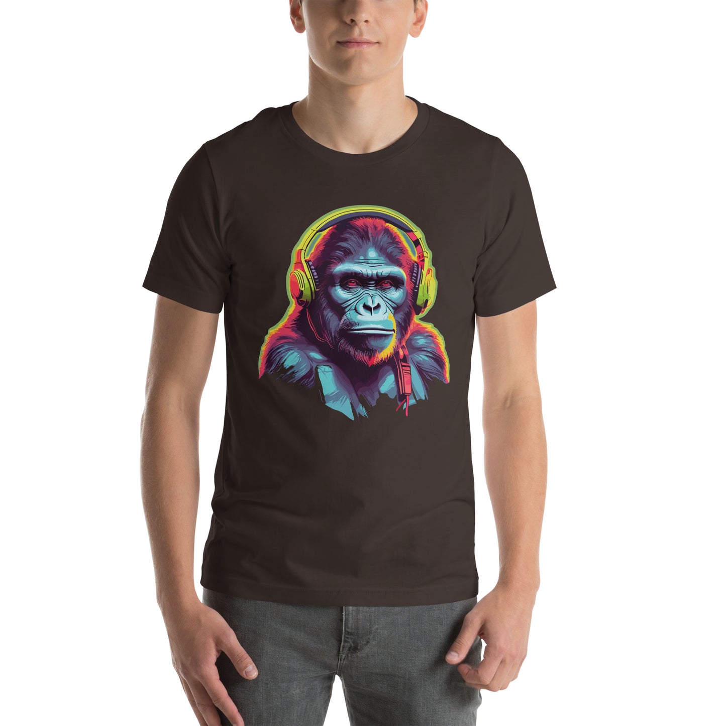 Brown T-Shirt featuring a fun ape with headphones design. Taken from the TEQNEON MUSIC BOX, NEOLIFIC & HA HA LAND collections