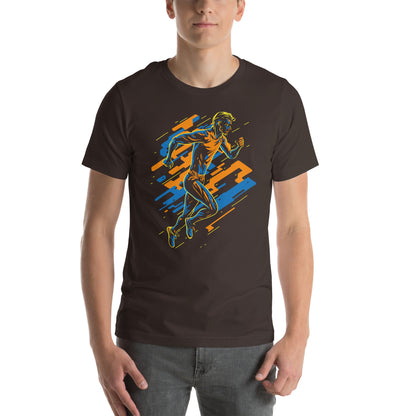 Brown T-Shirt featuring a vibrant and dynamic runner design, capturing the energy of a 'Running Man'. Taken from the TEQNEON Radioactive collection