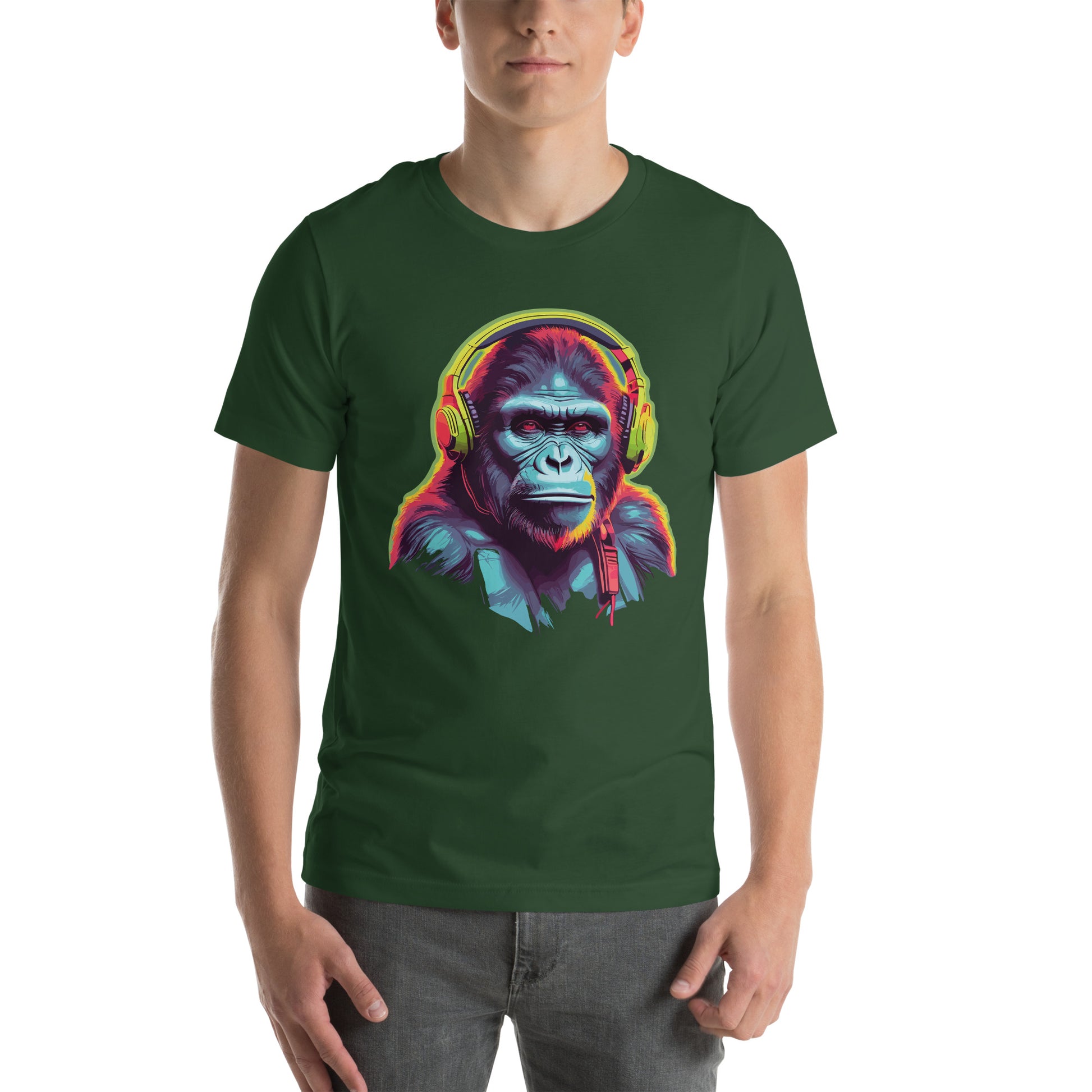 Forest Green T-Shirt featuring a fun ape with headphones design. Taken from the TEQNEON MUSIC BOX, NEOLIFIC & HA HA LAND collections
