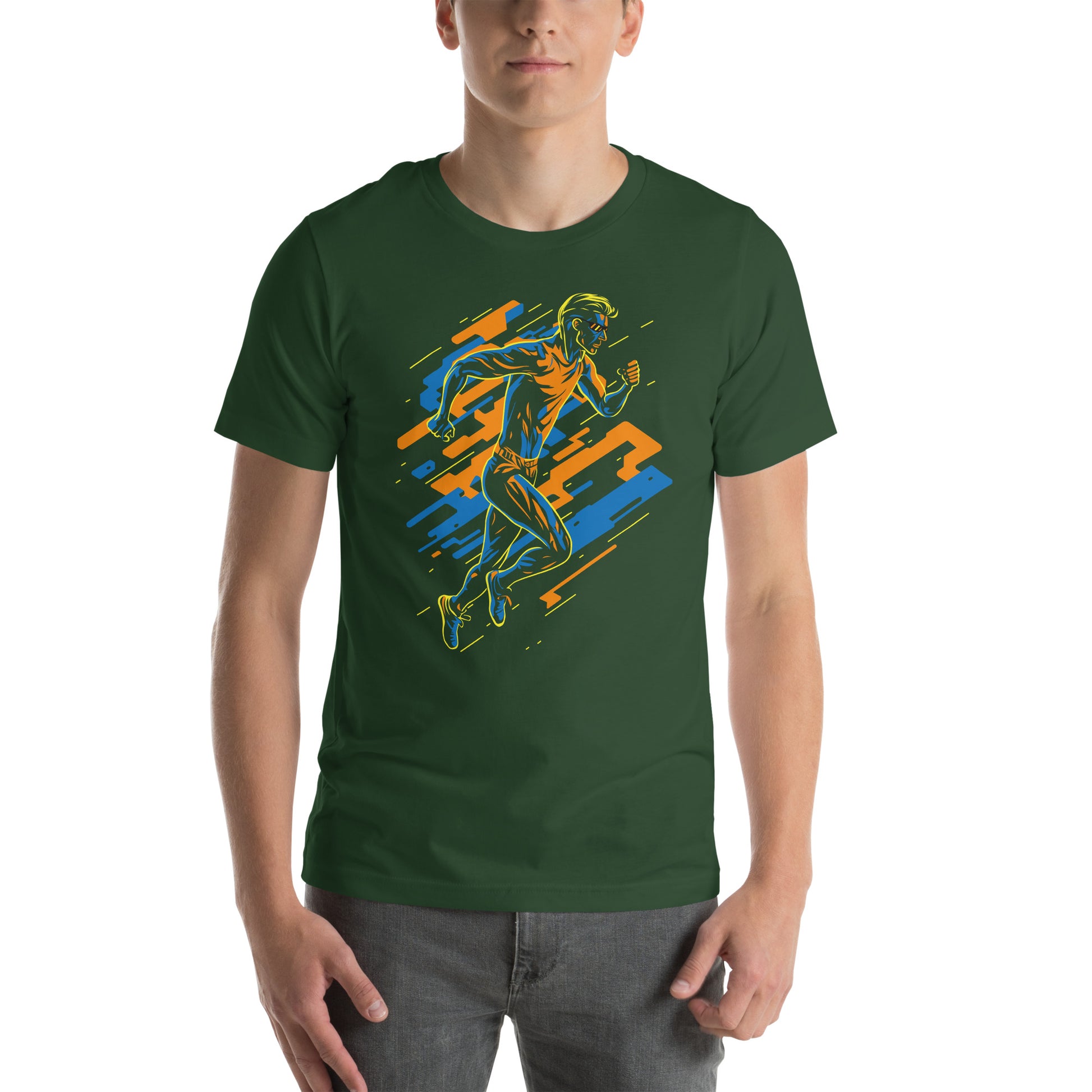 Forest Green T-Shirt featuring a vibrant and dynamic runner design, capturing the energy of a 'Running Man'. Taken from the TEQNEON Radioactive collection