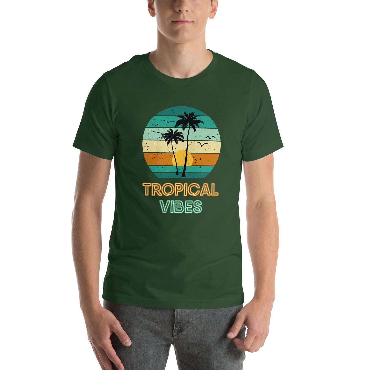 Forest green T-Shirt with multi coloured tropical beach design and neon font stating 'Tropical Vibes'. Taken from the TEQNEON Word Craft collection