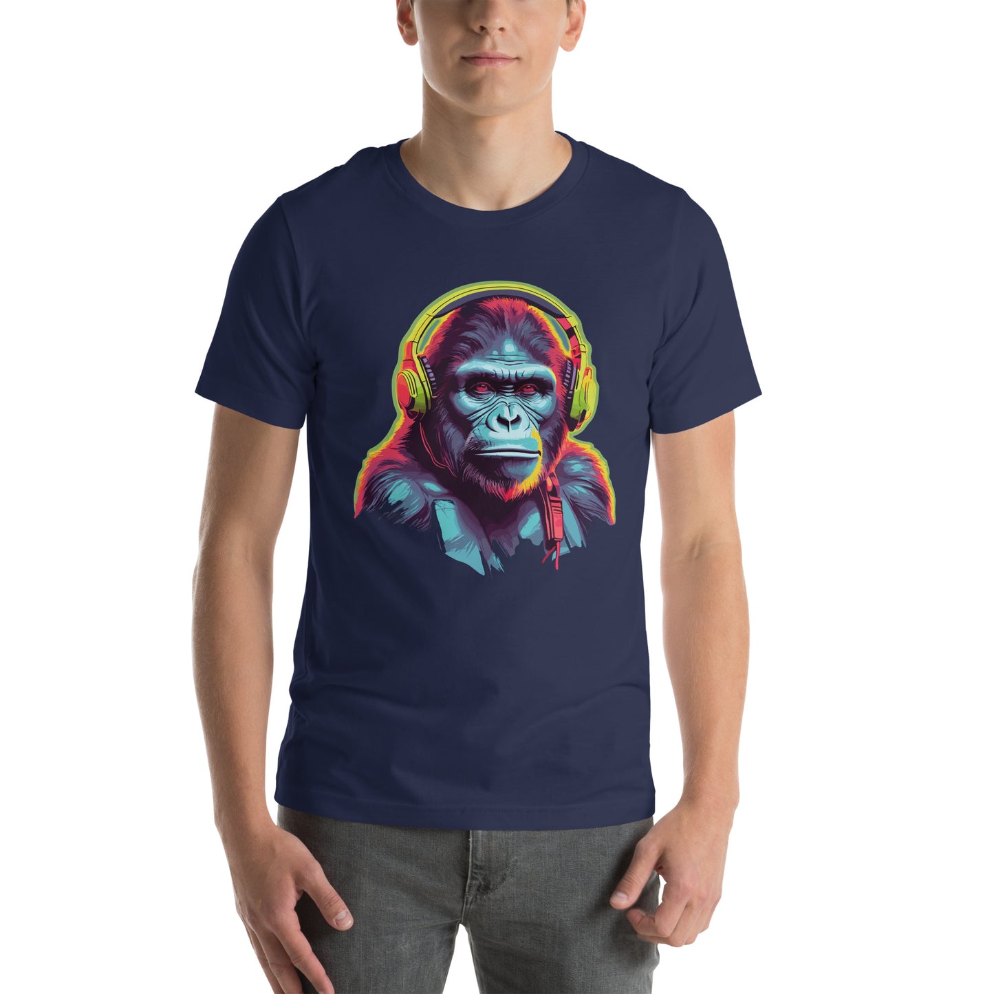 Navy T-Shirt featuring a fun ape with headphones design. Taken from the TEQNEON MUSIC BOX, NEOLIFIC & HA HA LAND collections