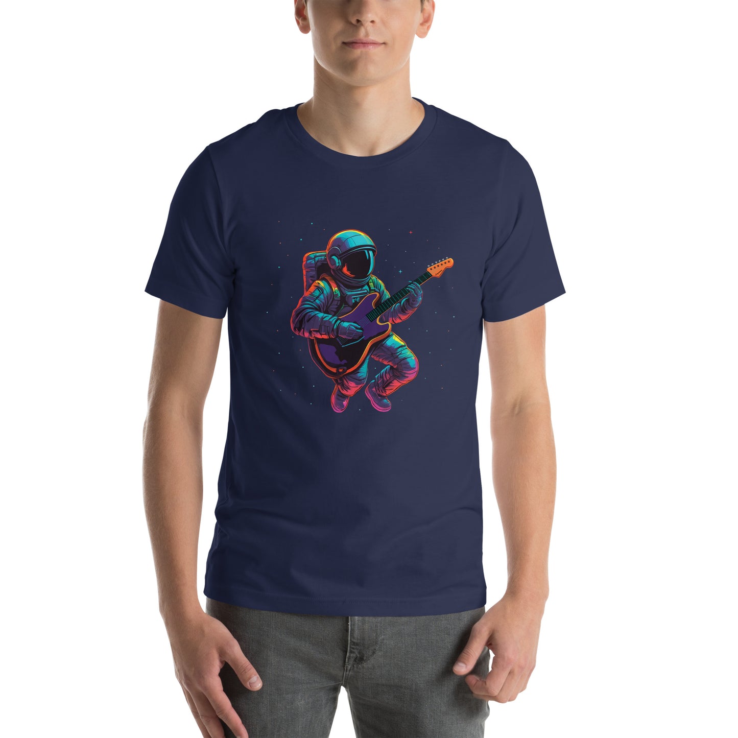 Explore the depths of cosmic creativity with our Navy T-Shirt featuring a mesmerizing design of an astronaut jamming on an electric guitar amidst the boundless expanse of space. Taken from the TEQNEON Neolific, Music, and Spacecraft collections, this tee seamlessly merges futuristic flair with celestial vibes. Elevate your style game and embark on a journey through the cosmos with every wear.