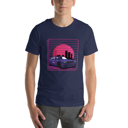 Rev up your style with our Retro Challenger tee! This navy blue shirt showcases a timeless muscle car cruising through a stunning retro sunset backdrop. From our TEQNEON Retro Classics collection, it's a must-have for classic car enthusiasts and sunset admirers alike.