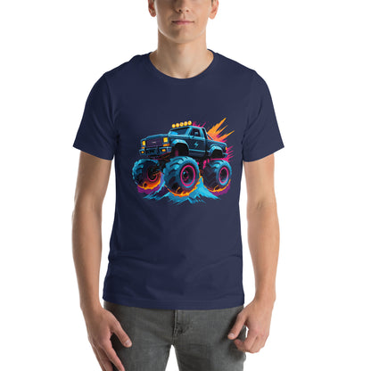 Neon Flying Monster Truck graphic on Navy blue T-shirt from the Radioactive collection