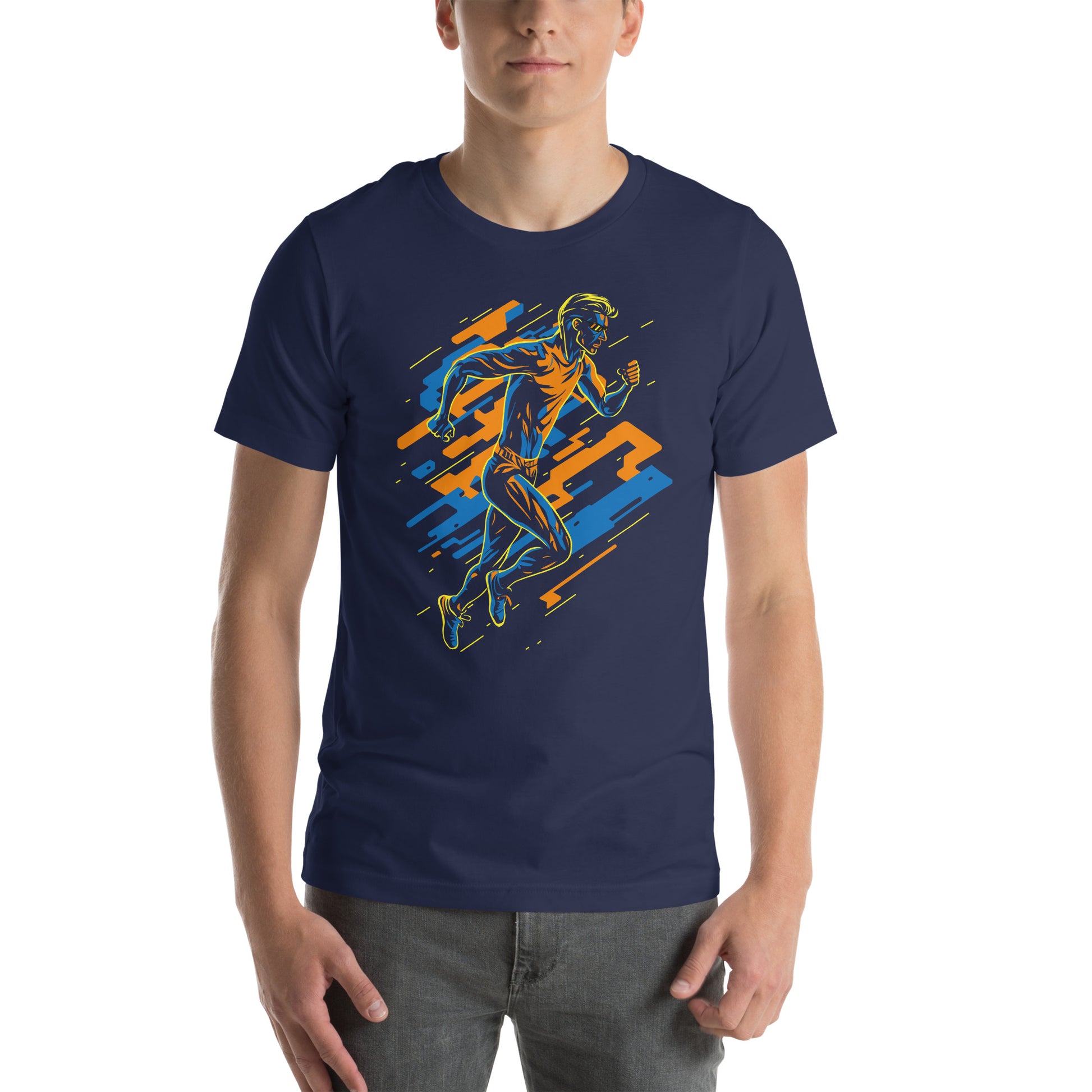 Navy blue T-Shirt featuring a vibrant and dynamic runner design, capturing the energy of a 'Running Man'. Taken from the TEQNEON Radioactive collection