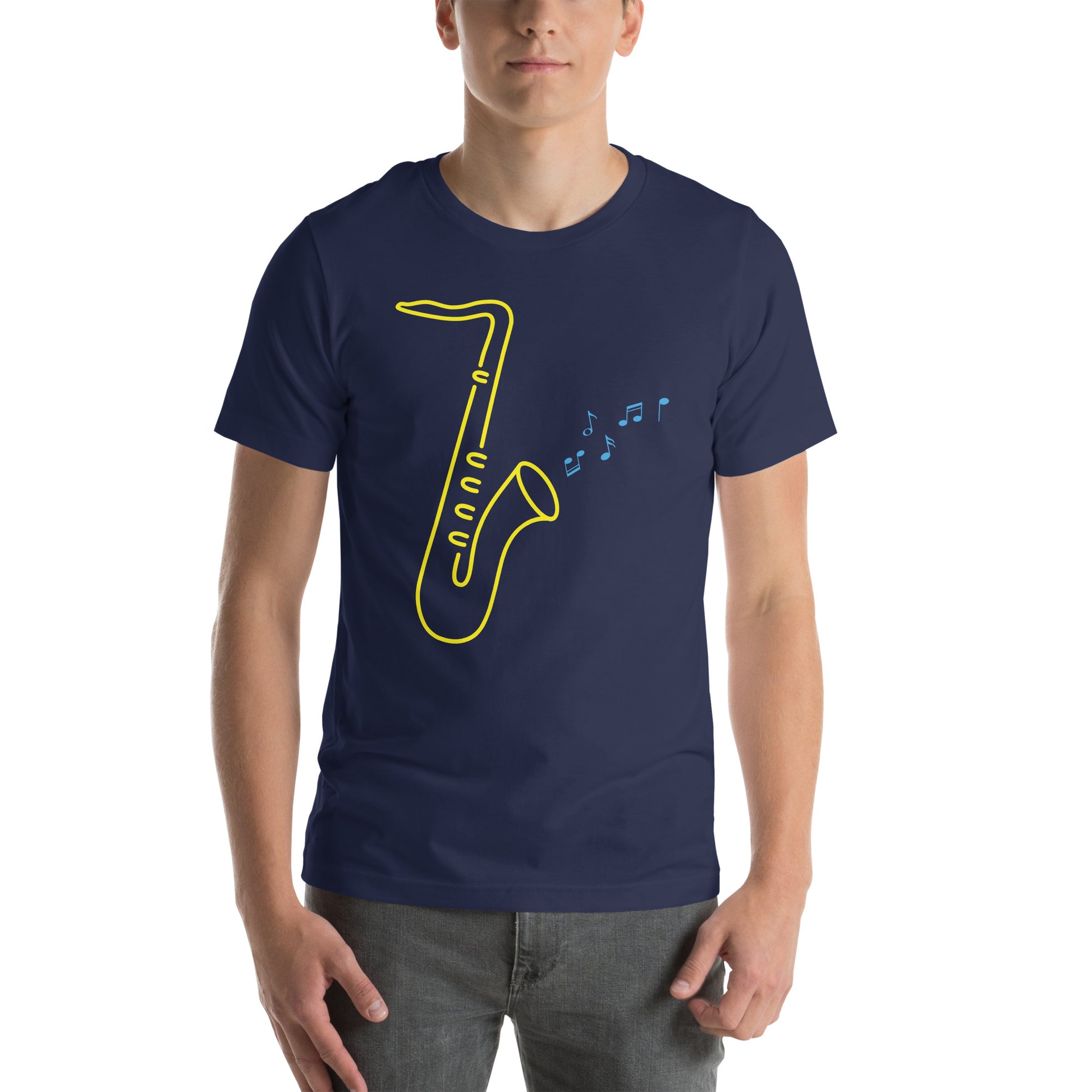 Navy blue T-Shirt with a vibrant design of a yellow saxophone and blue musical notes, from the TEQNEON Music Box collection. Titled 'GOLDEN SAXOPHONE'
