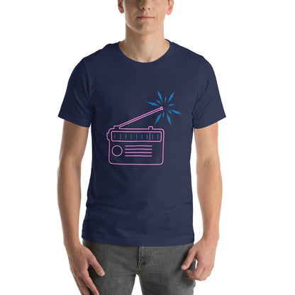 Navy blue T-Shirt featuring a multi-coloured neon radio design, radiating a vibrant energy. Taken from the TEQNEON Radioactive and Retro Classics collections