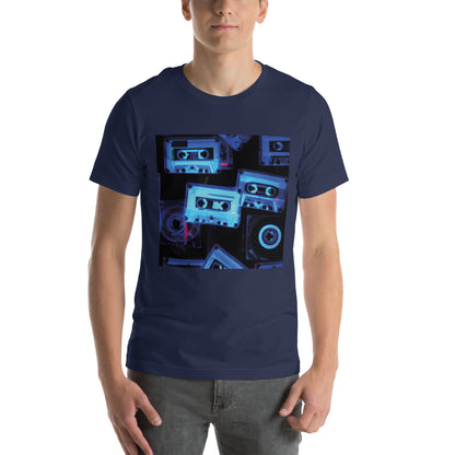  Retro Navy blue T-Shirt featuring a unique x-ray style multi-cassette design, part of the exclusive TEQNEON Retro Classics collection.