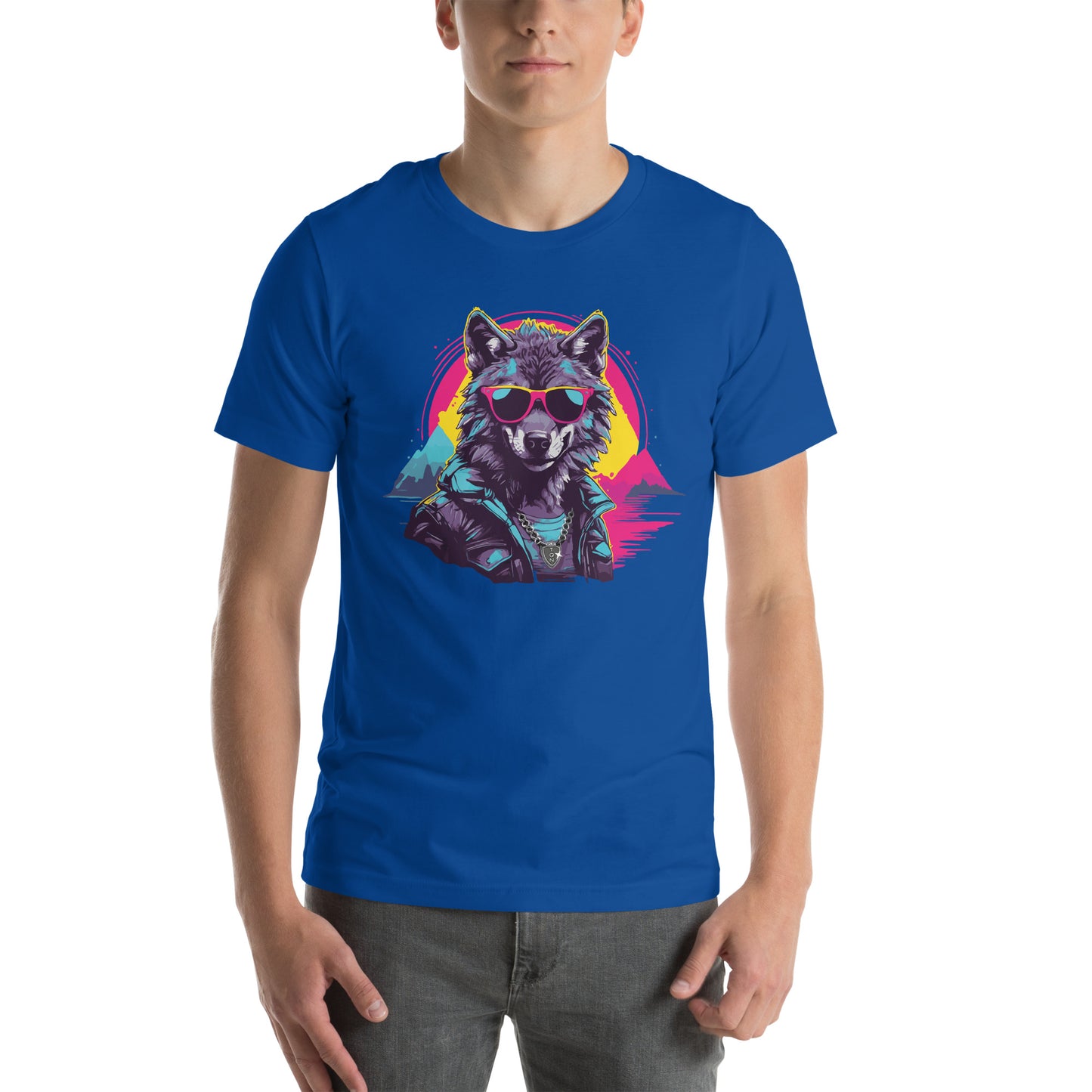 Royal blue T-shirt featuring a funny, pimp-styled wolf wearing sunglasses and a shiny silver chain from the HA HA LAND collection. The HOWLIN' HIPSTER design showcases a hipster wolf with cool accessories, perfect for a unique and humorous fashion statement.