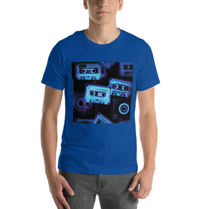  Retro Royal blue T-Shirt featuring a unique x-ray style multi-cassette design, part of the exclusive TEQNEON Retro Classics collection.