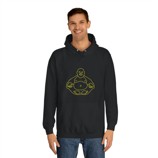Black Hoodie featuring a yellow 'Laughing Buddha' design from the TEQNEON Ha Ha Land collection, exuding joy and humour