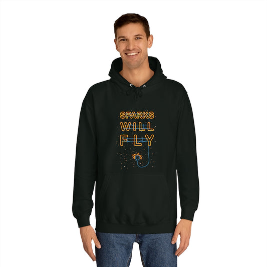 Black Hoodie with electric neon sign displaying “Sparks Will Fly" text plugged into a sparkling socket. Taken from the TEQNEON Word Craft collection.
