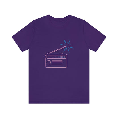 Purple T-Shirt featuring a multi-coloured neon radio design, radiating a vibrant energy. Taken from the TEQNEON Radioactive and Retro Classics collections