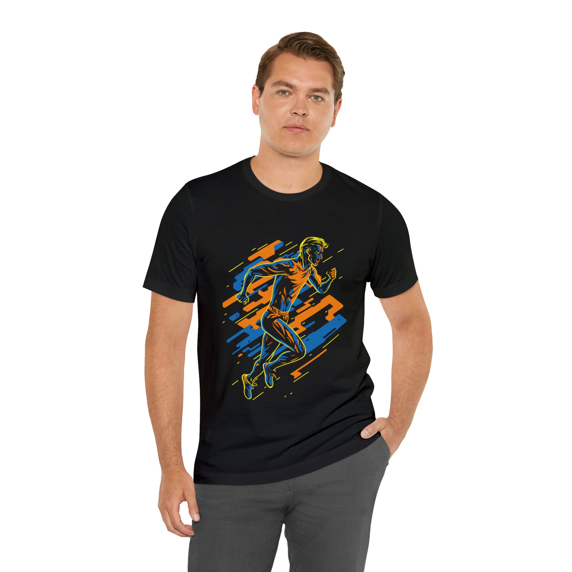 Black T-Shirt featuring a vibrant and dynamic runner design, capturing the energy of a 'Running Man'. Taken from the TEQNEON Radioactive collection