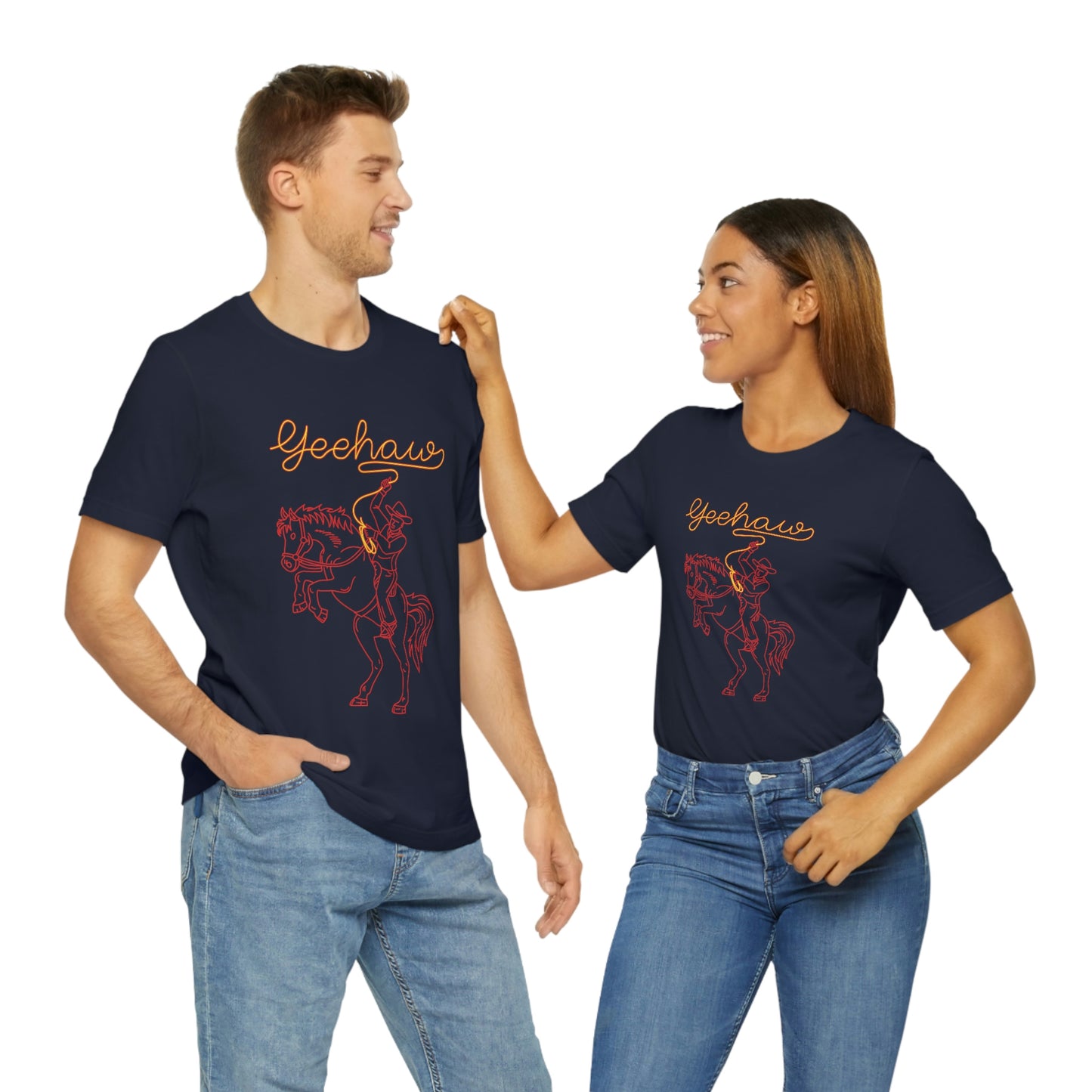 Navy T-Shirt featuring a neon design of a cowboy with a lasso saying 'yeehaw' in yellow and red, from the TEQNEON Word Craft collection