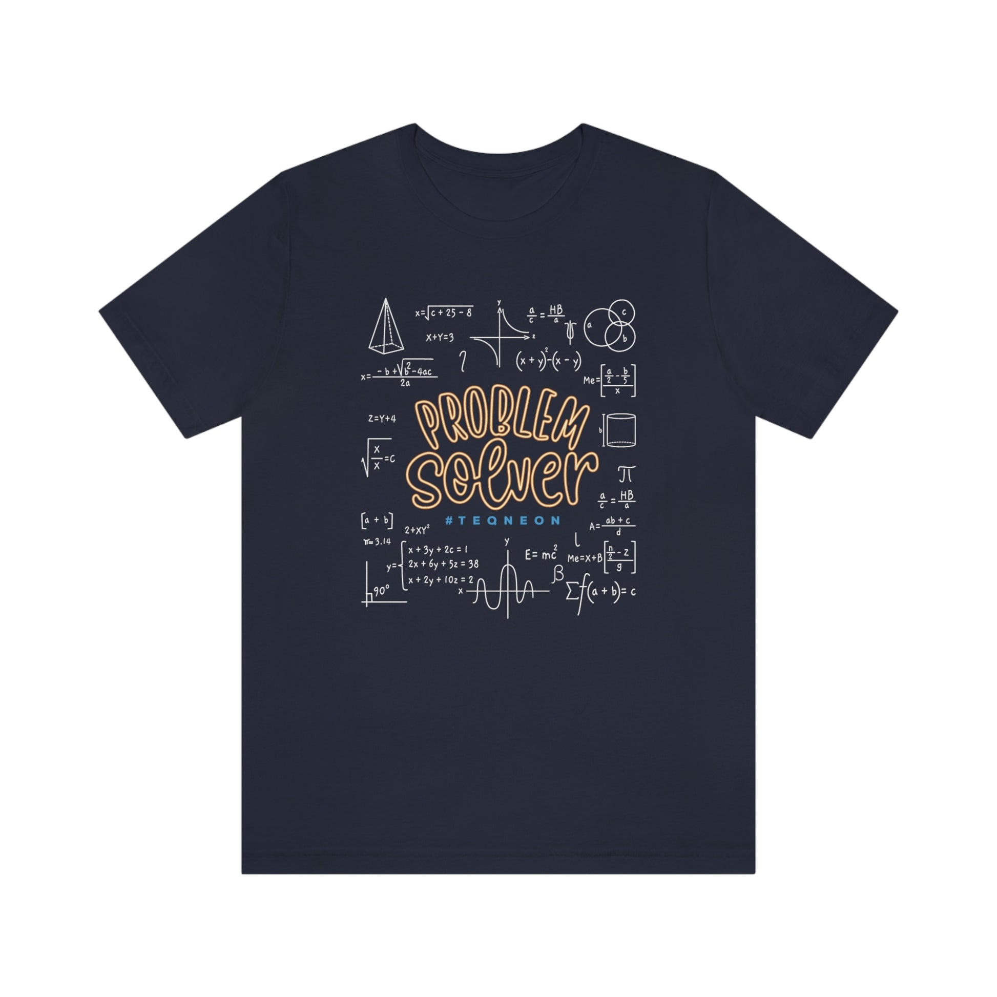 Navy T-Shirt with centred 'Problem Solver' text, featuring 'hashtag TEQNEON' in muted blue, surrounded by intricate white mathematical symbols. From the TEQNEON Word Craft collection