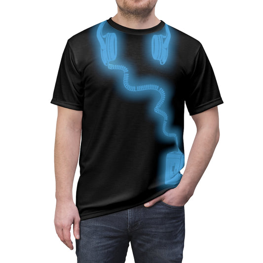 Black All-Over-Print T-Shirt featuring a glowing blue 'Walkman and headphones' design from the TEQNEON Retro Classics collection