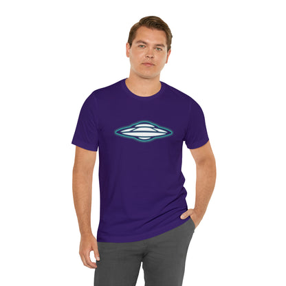 Purple T-Shirt with glowing green ufo design. Taken from the TEQNEON Spacecraft collection