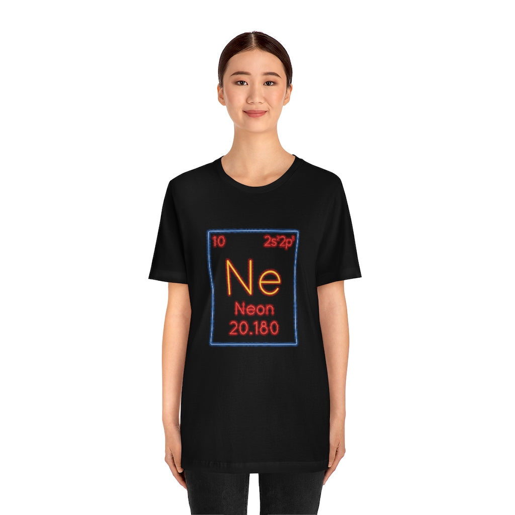 Black T-Shirt with a vibrant multi-coloured 'neon chemical symbol' design, reminiscent of a neon element tile from the TEQNEON Word Craft collection