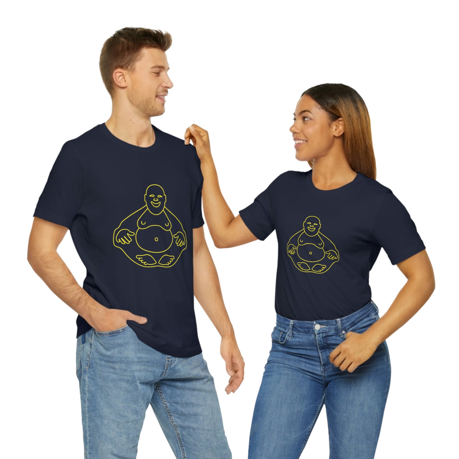 Navy T-Shirt featuring a yellow 'Laughing Buddha' design from the TEQNEON Ha Ha Land collection, exuding joy and humour