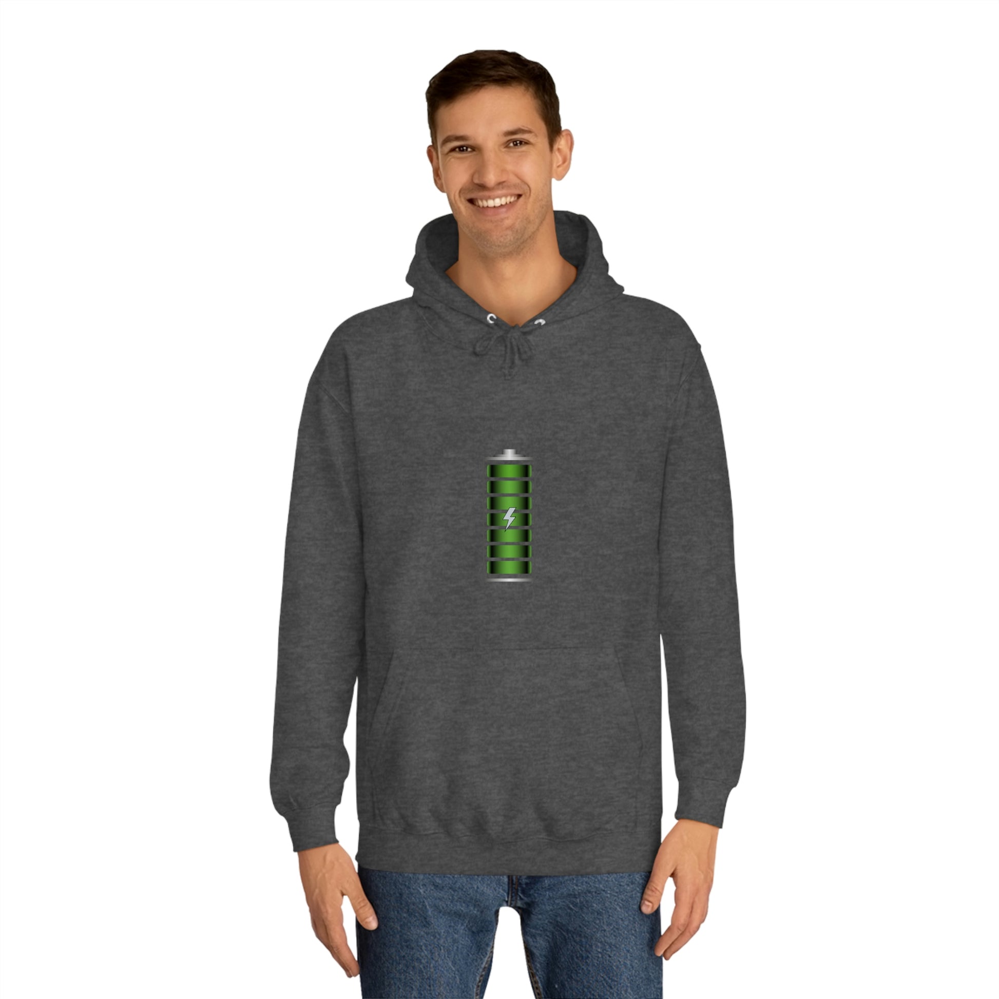 Charcoal Hoodie featuring a green and chrome 'battery' design from the TEQNEON Radioactive collection, named FULLY CHARGED