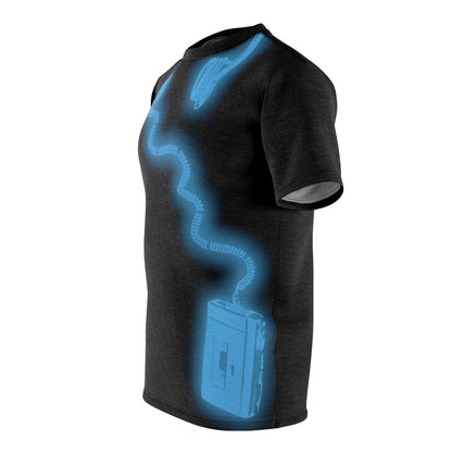 Black All-Over-Print T-Shirt featuring a glowing blue 'Walkman and headphones' design from the TEQNEON Retro Classics collection