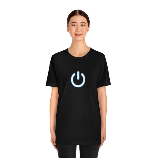 Illuminate your style with our 'SWITCHED ON' Black T-Shirt featuring a design of a lit-up switch in white and blue hues, taken from the TEQNEON Radioactive collection. Stand out in style with this striking tee.
