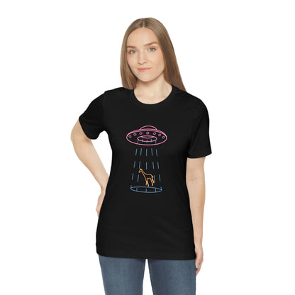 Black T-Shirt with fun multi-coloured neon design of a ufo beaming up a giraffe. Taken from the TEQNEON Ha Ha Land collection