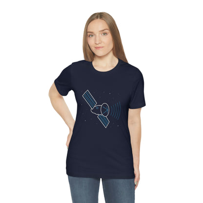 Navy T-Shirt featuring a neon transmission satellite space design, from the TEQNEON Spacecraft collection