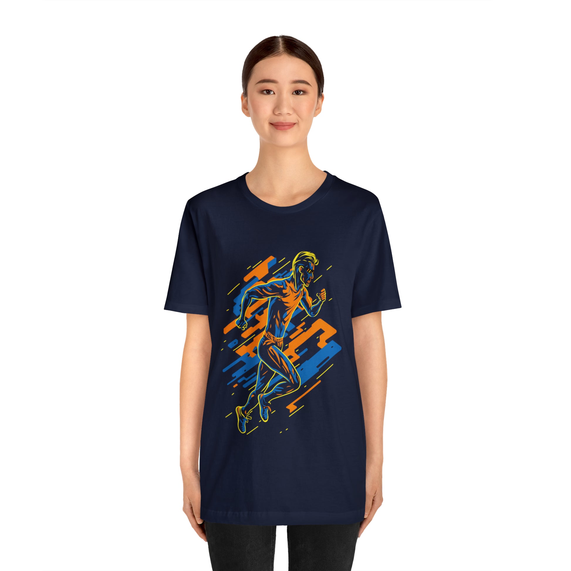 Navy T-Shirt featuring a vibrant and dynamic runner design, capturing the energy of a 'Running Man'. Taken from the TEQNEON Radioactive collection