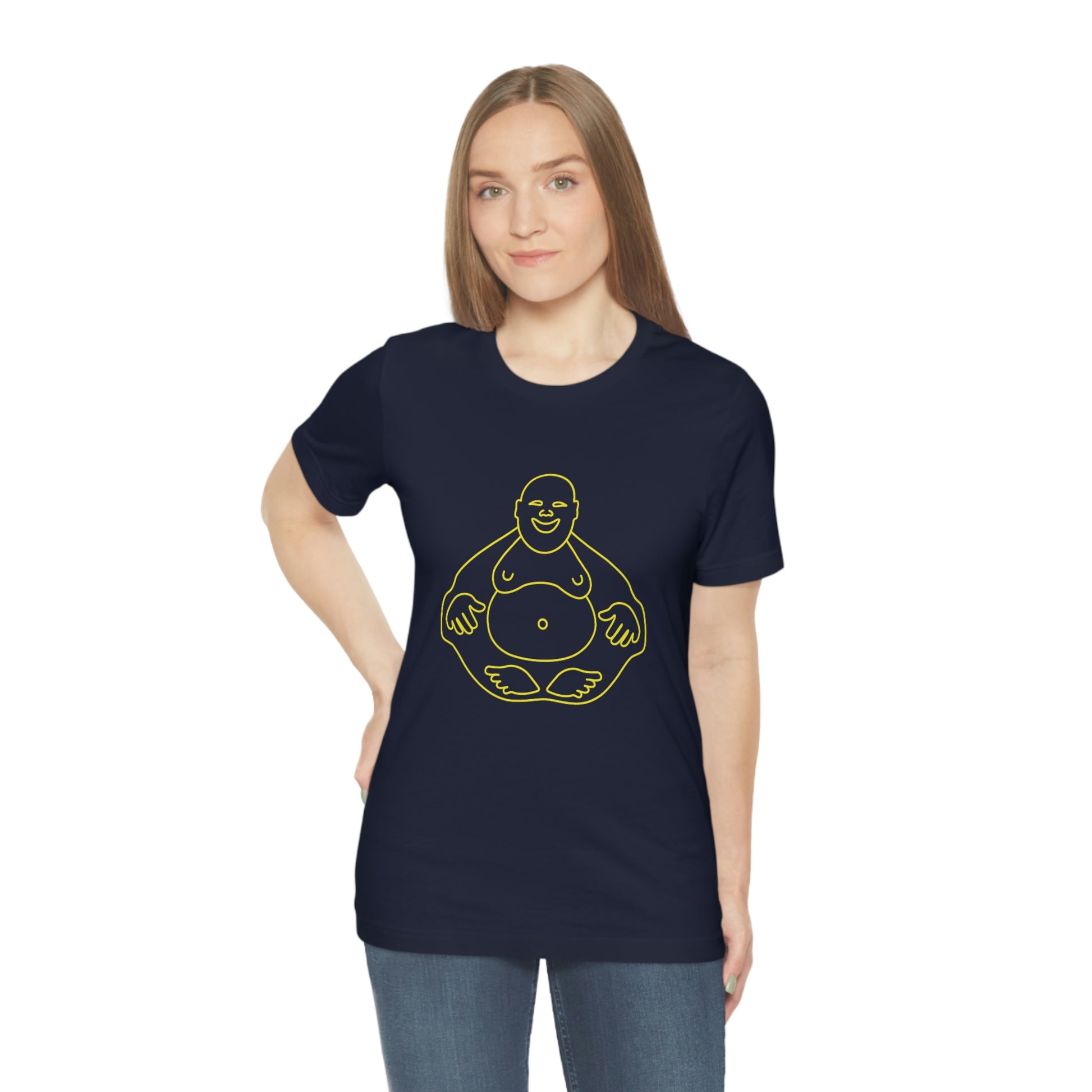 Navy T-Shirt featuring a yellow 'Laughing Buddha' design from the TEQNEON Ha Ha Land collection, exuding joy and humour